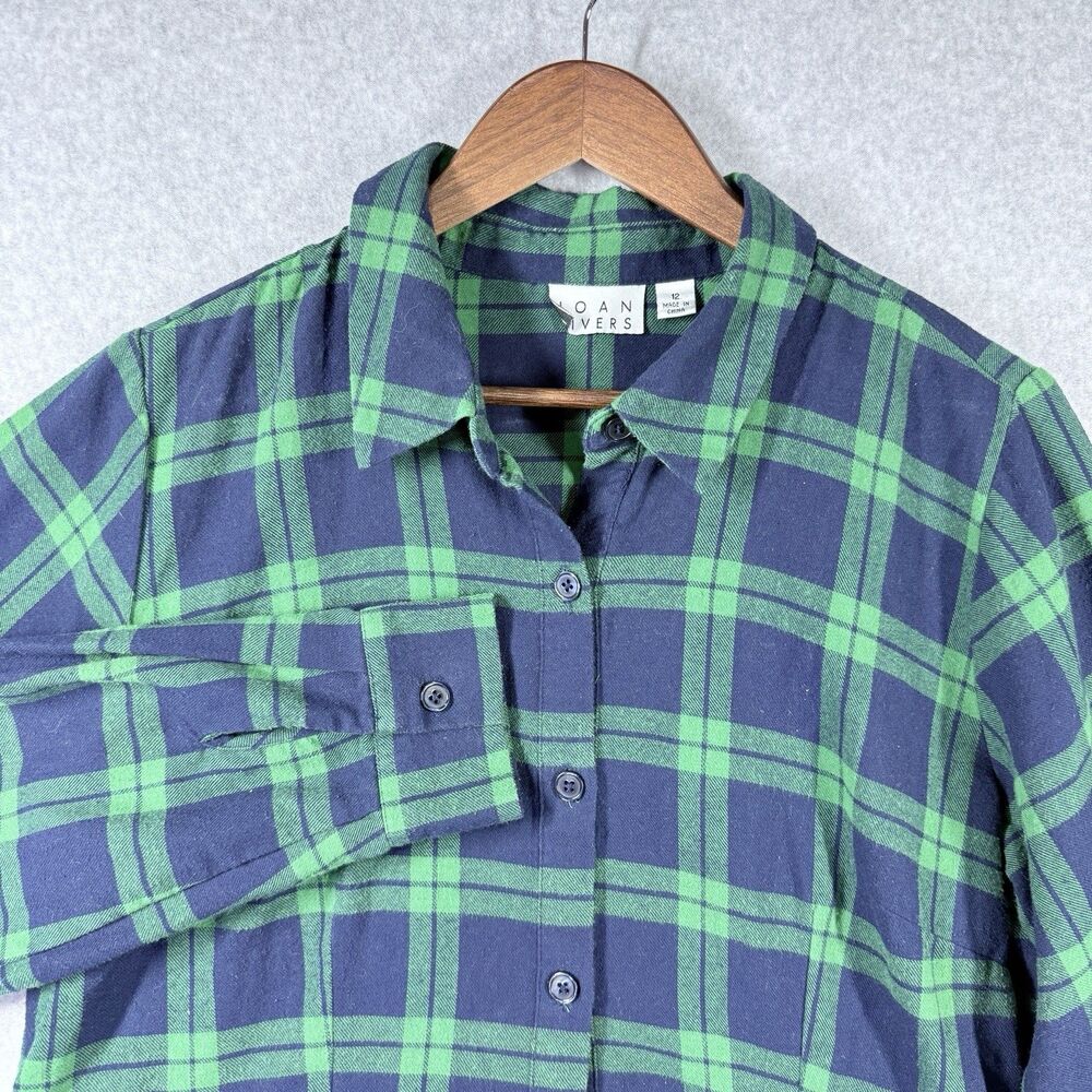 Joan Rivers Flannel Peplum Shirt Sz 12 Green Blue Cotton Plaid Button Down - Picture 8 of 13
